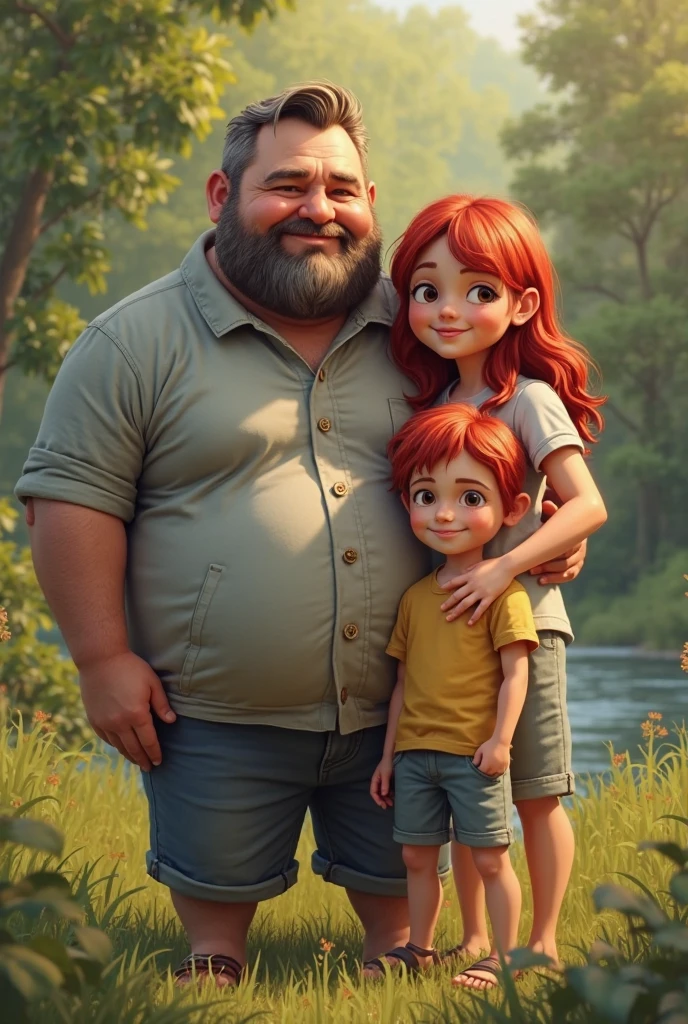 Heavyset man of around 34 years old with shaved hair with his beautiful young wife with a good body and long red hair with a blond son of about 10 years old and a daughter with long red hair and about 5 years old, They are all a family of four people in total