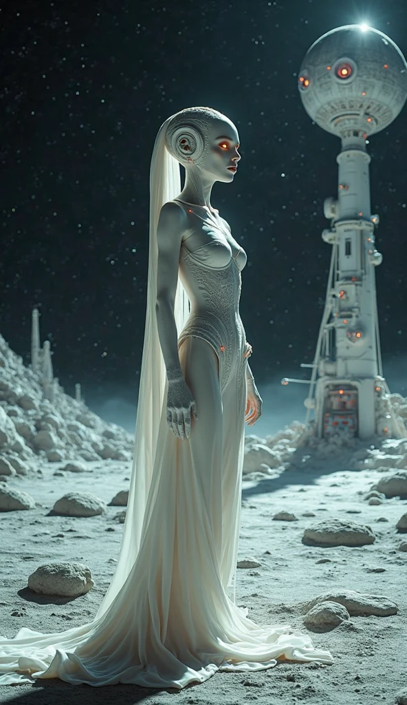 Outer space, a stunning beauty relaxing on the moon, the goddess of the moon, a dress with a moon pattern, abundant breasts and slender legs, unparalleled beauty, the goddess of beauty, and behind the goddess is a cool alien bodyguard. Masu, spaceship, advanced technology not found on earth, spherical spaceship, high image quality, high quality, photorealistic, realistic,