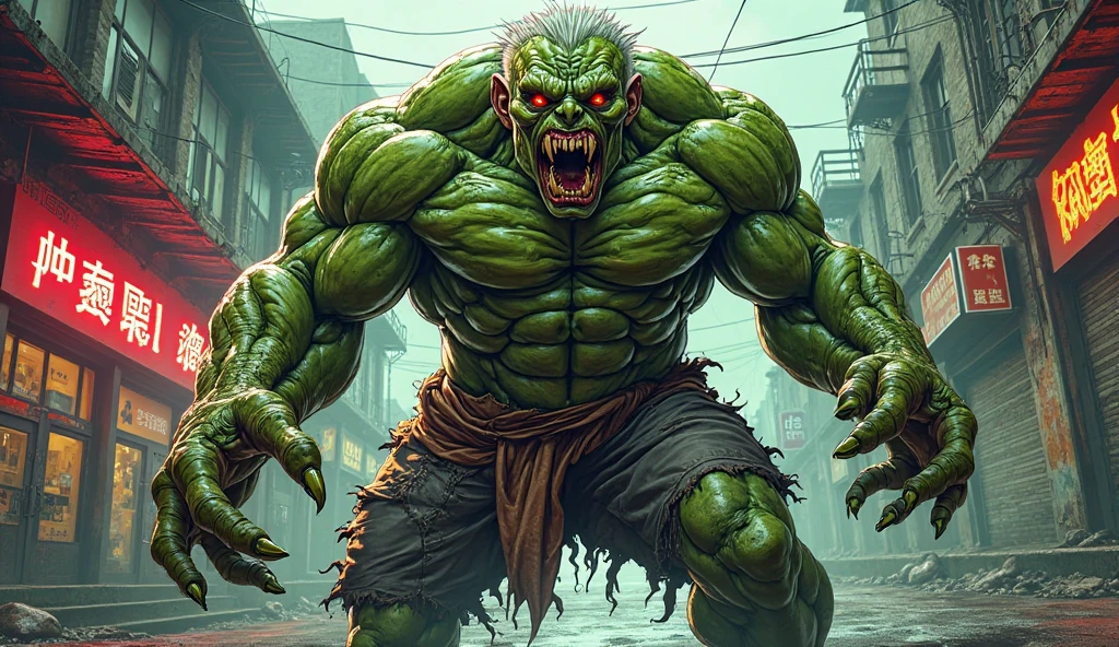 proportional eyes, detailed face, detailed eyes, (realistic:1.5),photorealistic, hyper realistic, extremely detailed, hyper detailed, soft lighting, detailed background, extreme detail background, sharp details, ((full body)), supermutant, <lora:supermutant-000003:1>
