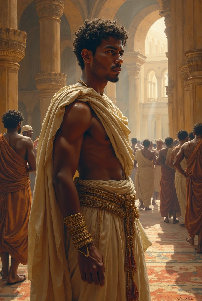 Shirtless black man with defined body,white hair and white eyes emanating an aura,son of Athena