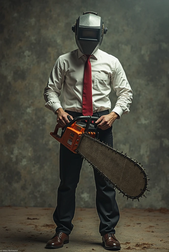 (masterpiece, best quality:1.2), solo, male focus, 1boy, chainsaw man, chainsaw, sharp teeth, open mouth, tongue, white collared shirt, (blood_on_clothes:1.2), black necktie, black pants