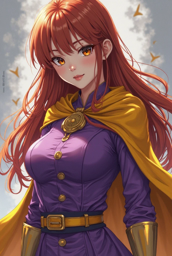 Perfect、Masterpiece、Professional illustrations、Perfect looks、Sharp lines、Cinematic lighting、Detailed face、Detailed eyes and pupils、Detailed hair、Beauty、Alone、female、sauce_game、Dragon Quest IV Arena、Big Breasts、Large Breasts、Orange Hair、Curly Long Hair、Yellow sleeveless dress、Black tights、Purple Cape、Purple pointy hat、Orange boots、Best Angle、Best Shot

