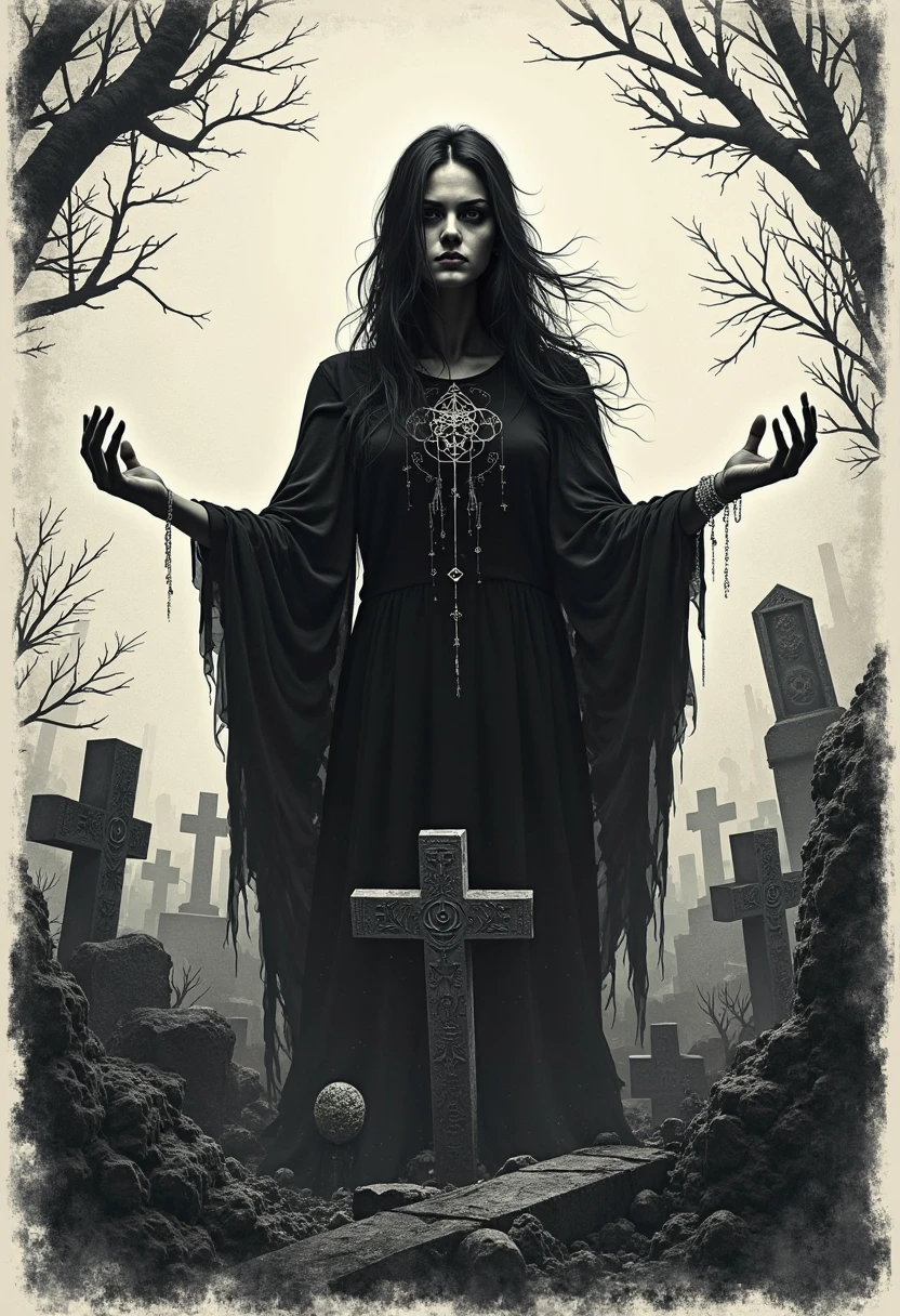 ( absurdrez , high qualiy , ultra detaild, be careful with your hand, dark drawing style) Santa Muerte – Goddess of Death , similar to santa Muerte mexicana , smart, rational, Obstinate face , mellow , Persistent, temperamental, irritable, oppressive style , black eyes (Eyes Detail), long wavy hair , Cabelo tenebrosa , Long semi-transparent dress , scenario with several bones, ox skulls, Cactos, tenebrosa, dark, Female empowerment, Holy, santa, Goddess of protection, ox skulls