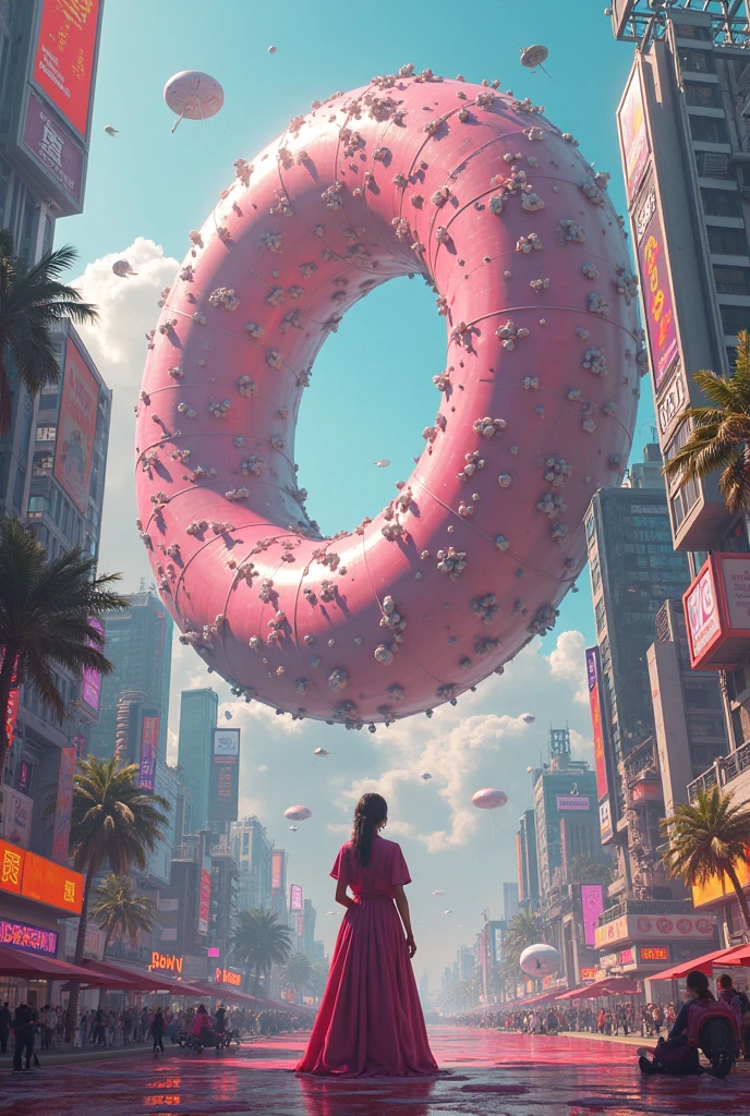 "Immersed in a cyberpunk-inspired, neon-drenched world, captivated by the surreal sight of a donut-shaped planet dominating the sky, filled with mesmerizing digital artistry."