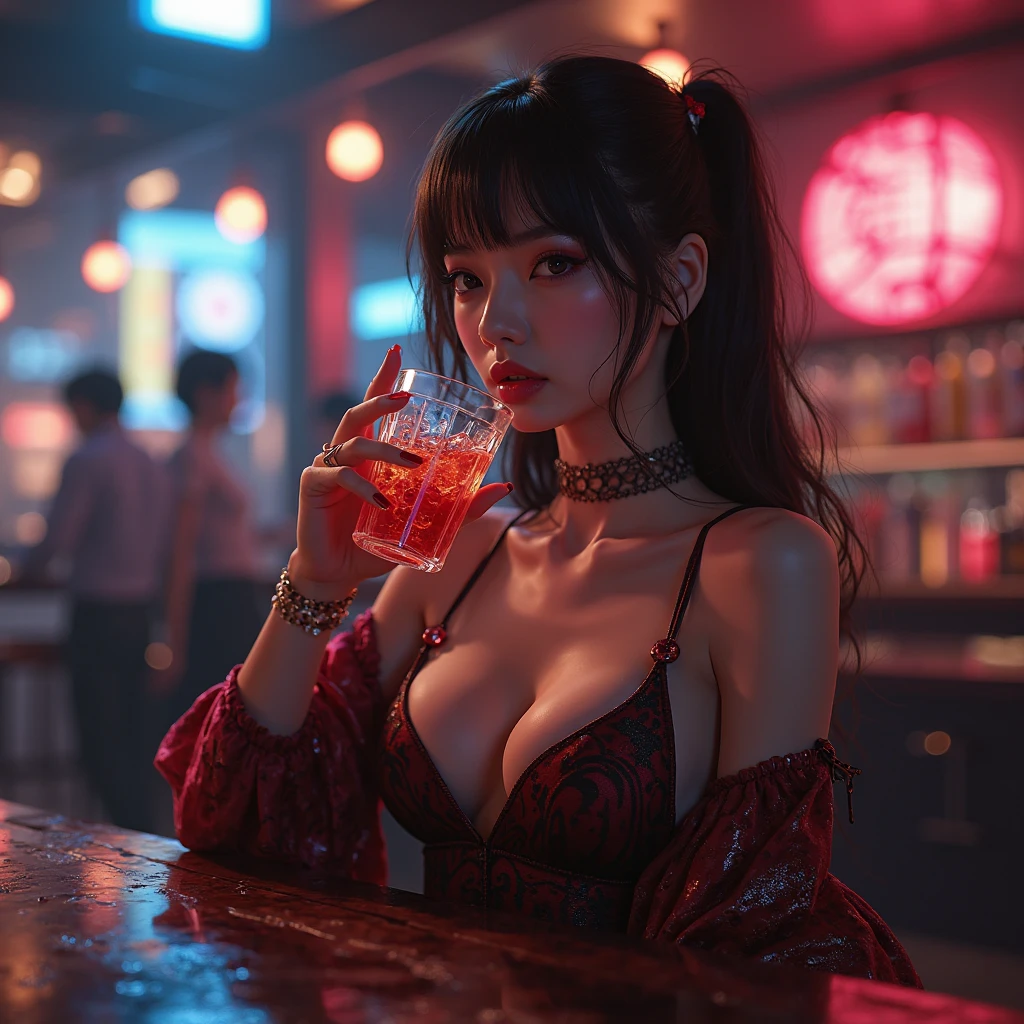 A sexy and pure girl with bare breasts sits in a bar with her cheeks, movie lighting, neon lights, colorful and colorful