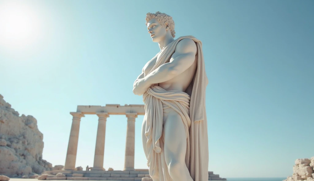 ancient greek god, mid shot, lightnings, dynamic pose, ruins
