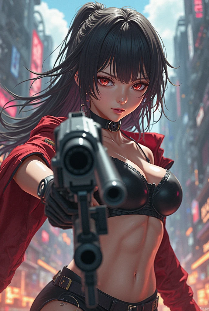 masterpiece, best quality, high resolution, extremely detailed CG, GTA5, 1girl, colorful fragmented bikini, holding gun, rifle, barefoot