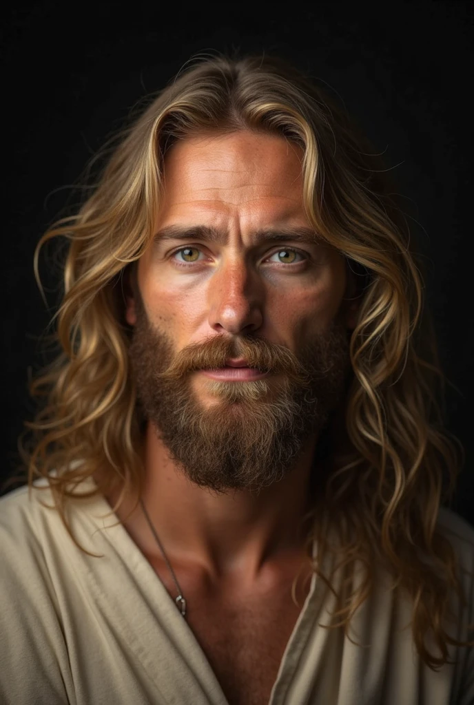 a blond-haired man with a jesus-like appearance, long hair, beard, holy aura, serene expression, religious figure, dramatic lighting, heavenly glow, oil painting, ultra-detailed, (best quality,4k,8k,highres,masterpiece:1.2),ultra-detailed,(realistic,photorealistic,photo-realistic:1.37),dramatic lighting,cinematic,digital painting,warm colors,chiaroscuro