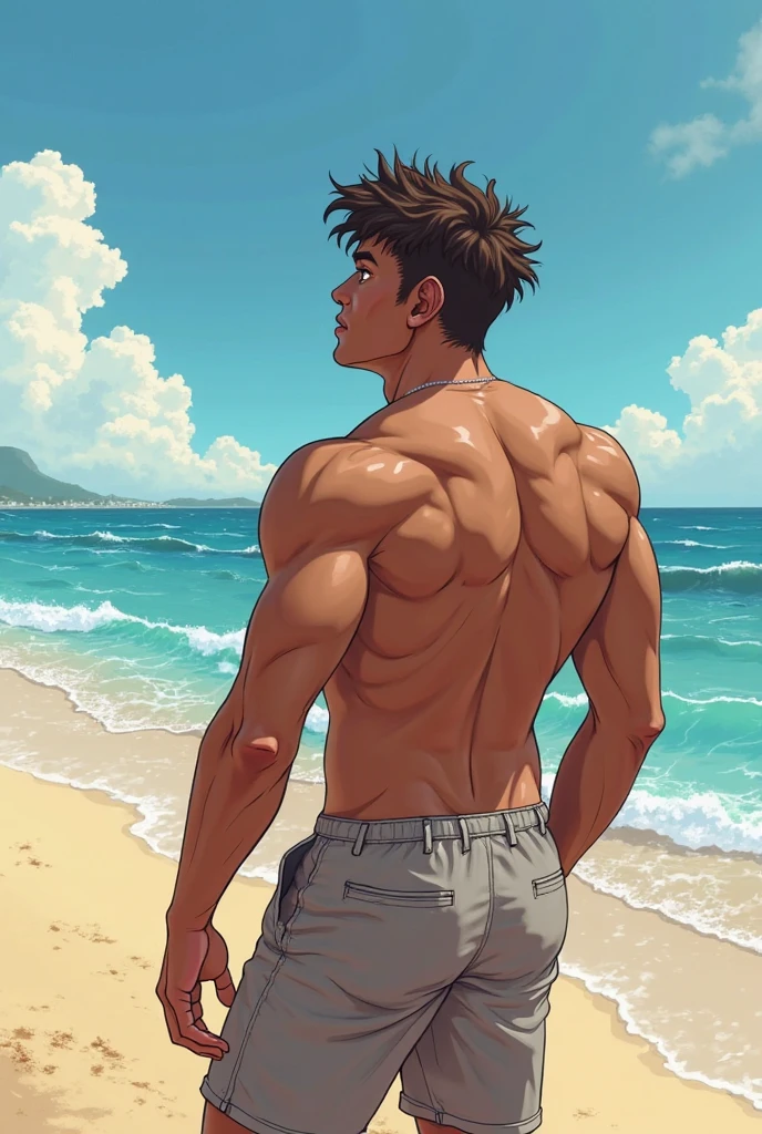 There's a man standing on a beach in shirtless sunglasses, dragon tattoo on the back - Shiryu - athletic muscular. dia ensolarado