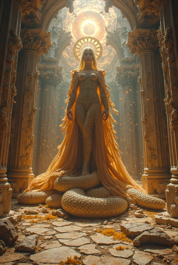 An iconic Emilia Clarke as a Greek Goddess, with long blonde hair and a golden dress, standing atop a throne of dragons, her eyes blazing with the power of the world of fire and blood. iconic Emilia Clarke as a Greek Goddess, with long blonde hair and a golden dress