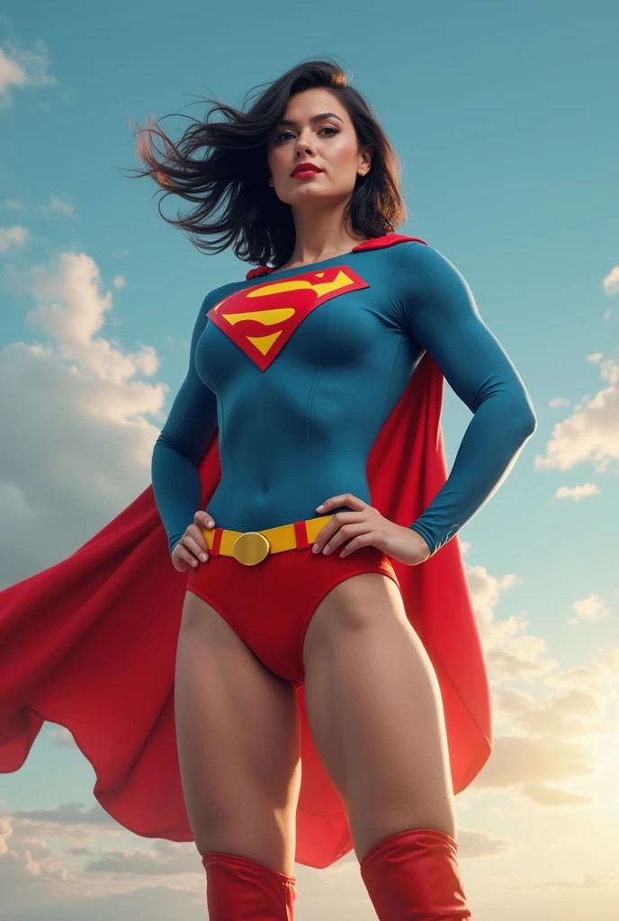 Very beautiful Indian woman,dressed like Superman flies in the sky. She has huge wings to fly. Blue sky and white clouds in the backdrop. 4K, HD photo- real picture