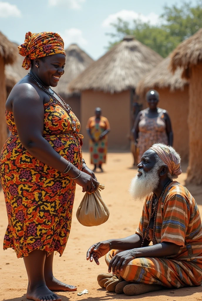 Gessie femme âgée de 54 ans, Afro Américaine dreadlorks relâché sur son dos. Teint lumineux, habits traditionnel haitienne, colliers, bracelets. Paysage province Leogane Haiti place Anacaona, rencontre Jaccot âgé de 53 ans, PORTE parole KNVA afro africain et Bailly, cheveux blancs très long sur son dos, moustaches blancs, barbes blanche, 75 ans directeur De l université INIVA. Cadre hautement lumineux, verdure,, place colorante. Je veux voir trois personnes en evidences. Gessie, Jacques cheveux très courts, barbes grisonnantes, son ventre en relief, Arriere plan des passants, joyeux.