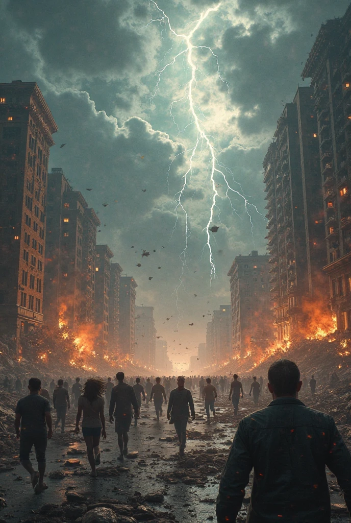 A bomb rain falls amidst sand, rubble from destroyed buildings, and five large atomic bomb explosions. Lightning strikes, and men and women run screaming, naked, their shoes torn. An Israeli flag lies on the ground. A bomber plane flies overhead at 100 feet.