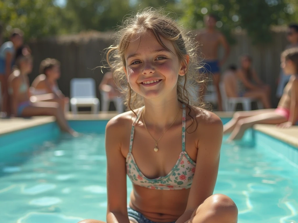 a 12 year old girl in a bikini, smiling, 
