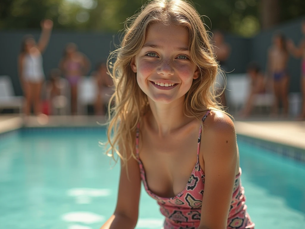 Teenage female, skinny, discret smile, detailed background, pool side, sunny day, bikini, model