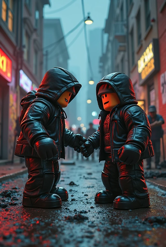 (masterpiece:1.2) (best quality) (detailed) (intricate) (8k) (HDR) (wallpaper) (cinematic lighting) (sharp focus), CGI anime artstyle,2.5D, dusters from go go loser ranger,guys wearing a jet black suit with a cartoon-ish skull face, dark, dancing pose,Night lights,rain droplets,dark background,slow mo-image