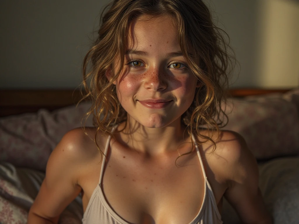 realstic ginger girl, Millie Bobby Brown, head of thick curly hair, lolicon, babyface, animal eyes, freckless on face, freckles on body, body, nightgown, canines, smile, realistic still life