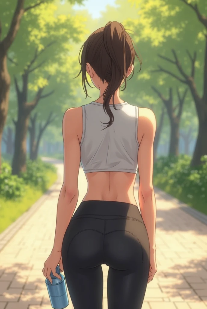 Create an image of a very attractive and sexy woman seen from the back, practicing yoga with her friends. The scene should be set in a peaceful, outdoor environment such as a lush park or a beach at sunrise. The woman should be in a yoga pose, highlighting her form and the elegance of the pose. Her friends, also in yoga poses, should be nearby, creating a serene and harmonious atmosphere. The overall image should exude a sense of calm, beauty, and camaraderie