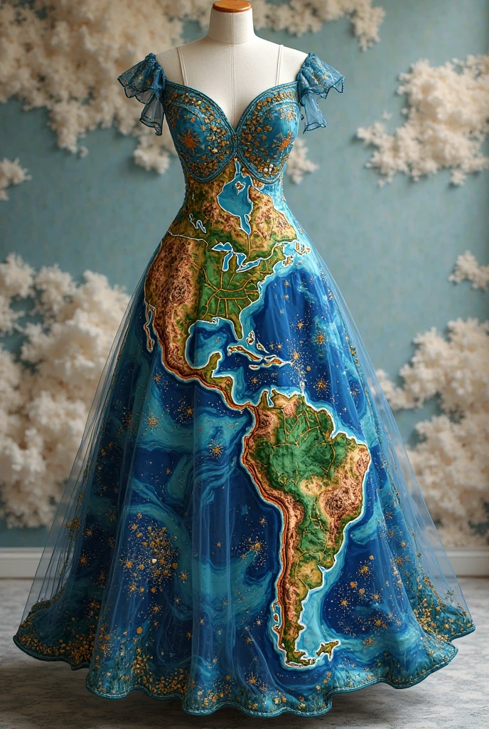 a long and wide dress from planet earth with blue fabric with the continents of Africa Asia and Europe in front made of shiny stones of different shades of green and the corset all full of shiny stones of different sizes in a blue degrade, green and turquoise