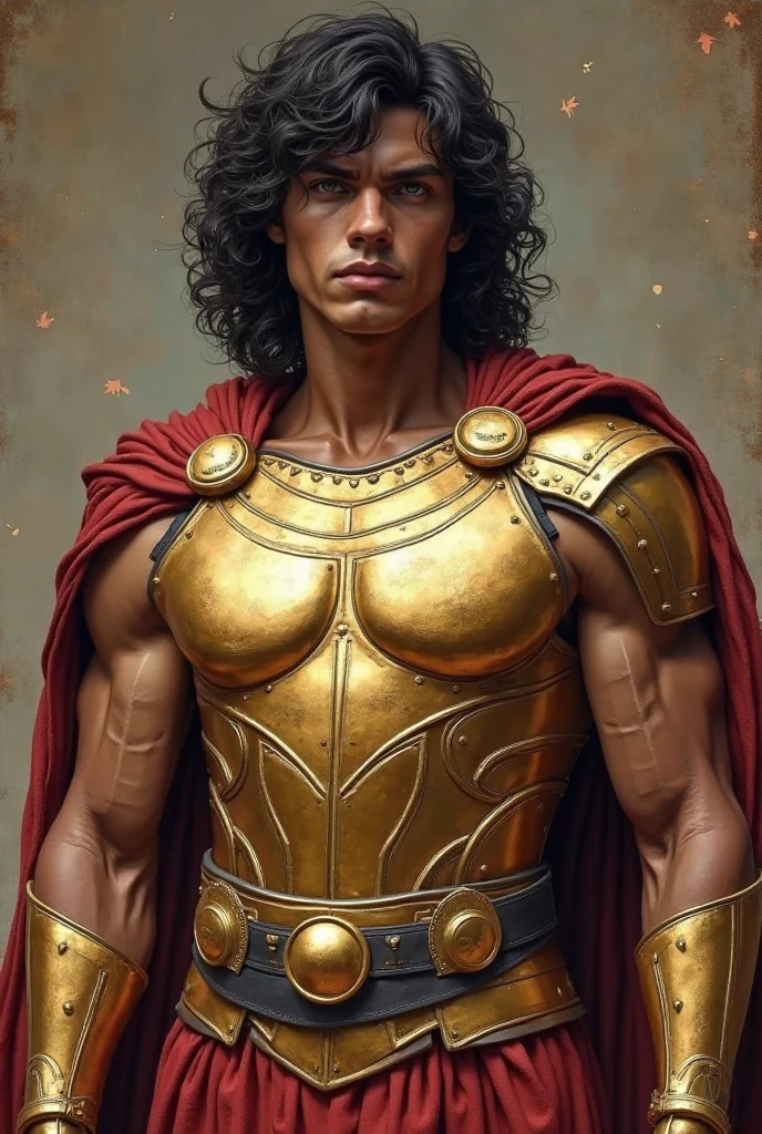 in jc leyendecker and paul cadmus art style, LARGE SHELVES CONTAING one book one chess board one clock, one whip, a throphy a map a house plan, a shotgun, fullbody, a young roman soldier latino man the young man is standing holding a sword and shield, soft colors, with a sexy look, smiling, carismatic gaze, barefoot, perfect anatomy, skinny detailed muscles, muscled legs, handsome, gorgeous, GREEN EYES, perfect detailed hands, latino, rose, smirk, short bob haircut, ruffles, silk, reach intricate background, realism WIDE ANGLE portrait, oil painting, masterpiece, shadows, expert, insanely detailed, 4k resolutio