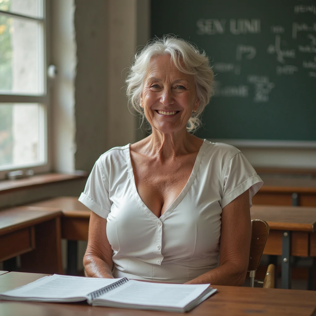 woman in a skirt short is in a classroom, leaning on the table, sticking your ass out, attractive woman in her 70s, skirt short, curved, Panas, voluminous body, neckleace, breasts big, Approximately 70 years old, older elderly woman , frontal image, looking for camera, posando, splendid, natural mature woman, average size, seis-pack natural