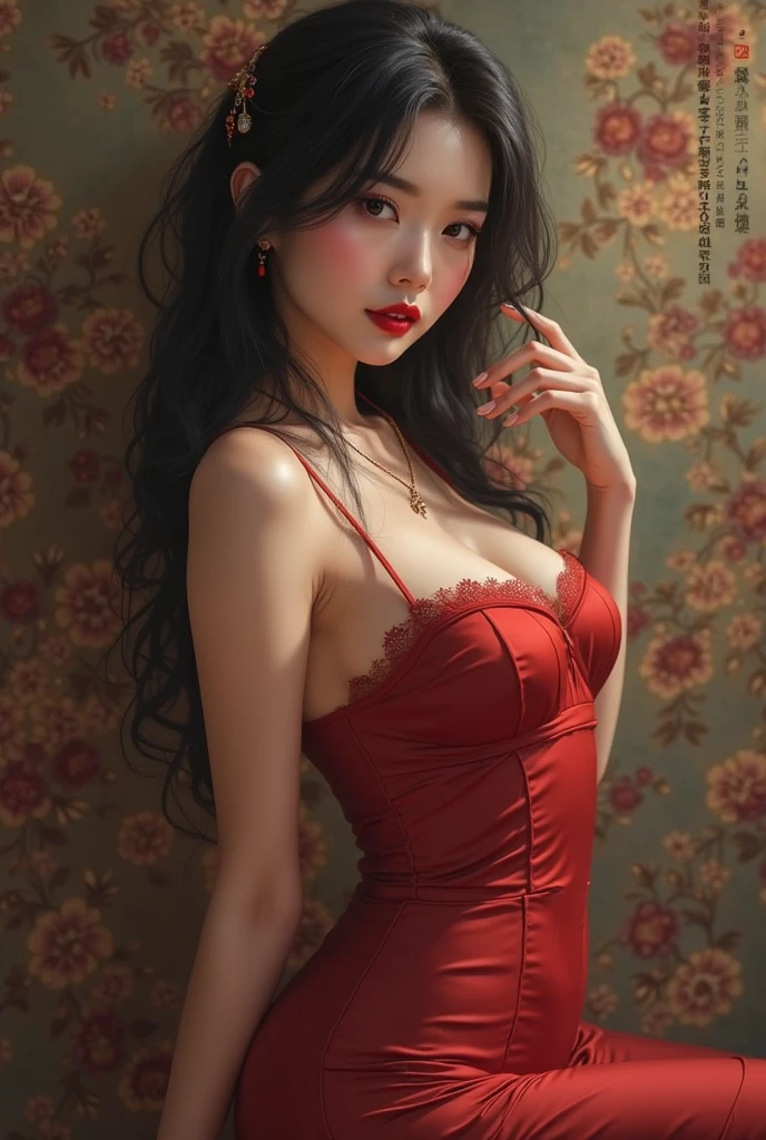 ((whole body)), 1 girl,alone, ((sitting position, sexly legs)), ((bare shoulders)), red lips, cosmetic, close-up, elegant pose, seductive pose, Perfect Curve, Slim, sexly, big breasts, split, fair legs, charming gaze, bite lip, messy long hair, Simple and casual scene, Very detailed, Ultra-clear, best quality, official art, exquisite earrings, exquisite necklace, Very detailed description, Super beautiful painting, Exquisite features, elegant, fair, Super fine details, masterpiece, real texture, Realistic movie lighting, masterpiece, best quality