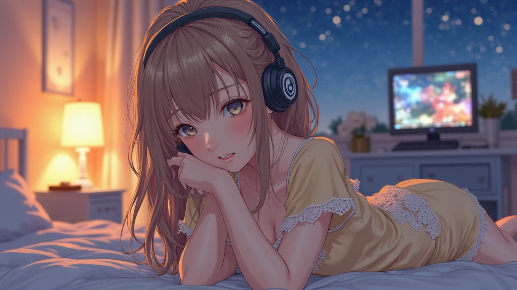 Girl with headphones enjoying music in a home I am studying Emphasize a little bit of the big chest Looking towards me with eyes closed Night Background