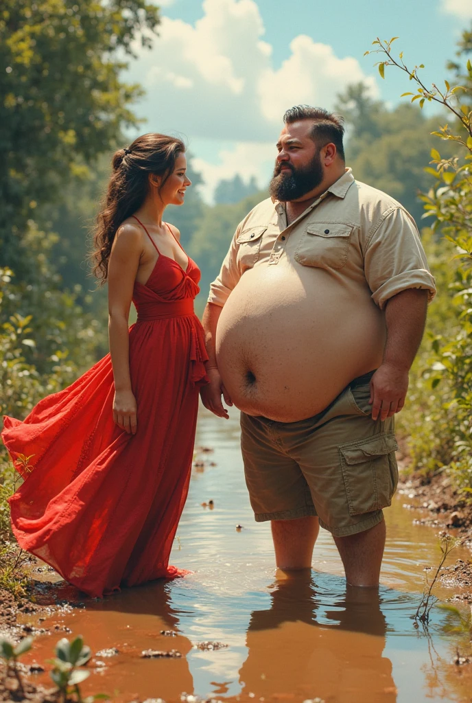 A young man with an enormous big belly is sitting in the park. He looks painful. A women is sitting in front of his enormous belly and is trying to hug him. But his belly is so very big that she can’t reach him. She is caressing his belly. The young man is looking at her. The belly of the young man is taking away much of the space of the picture. They both look sad.