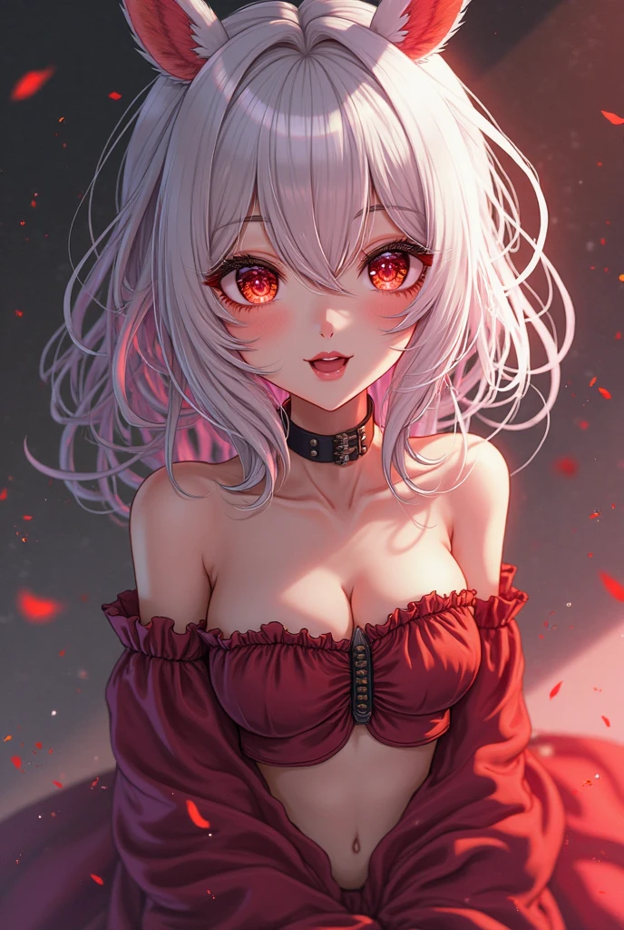 My wife Yuna、White cardigan、Black Shirt、Denim skirt、mini skirt、Red eyes with cracked collarbone、Large Breasts、Black choker、(Head tilt:0.8)、smile、Arms folded behind back、Old room、ヤメロYandere、pupils are closed、Yandere、Hollow Eyes、Shadowy Face、Crazy Eyes、Glowing Eyes、狂ったsmile、dark