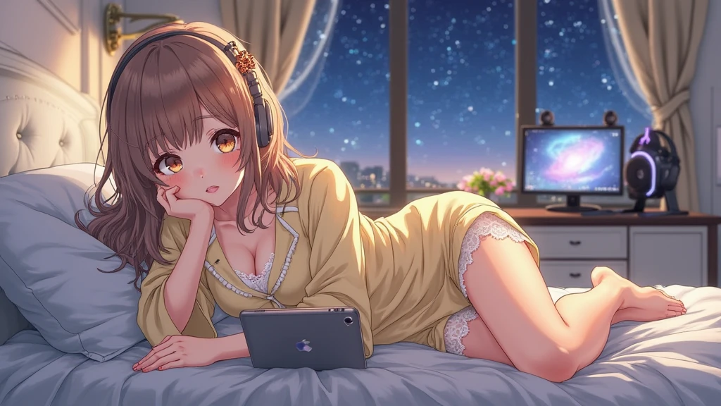 Girl with headphones enjoying music in a home I am studying Emphasize a little bit of the big chest Looking towards me with eyes closed Night Background