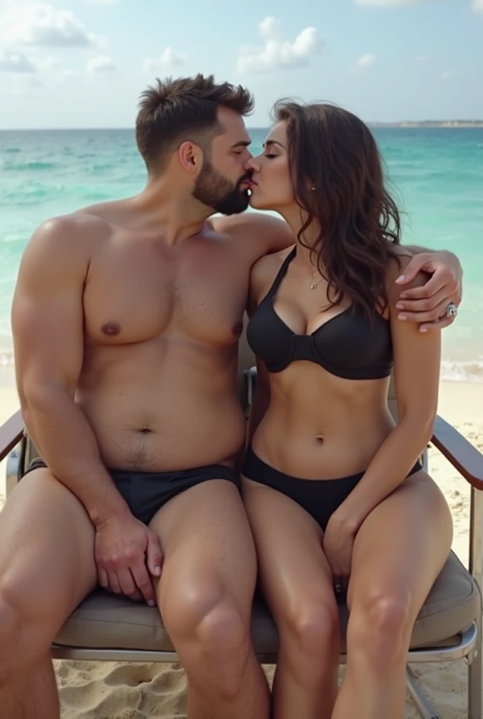 Cuckold chubby white hotwife, brown hair, white bikini, golden necklace, tall man, romantic,man hugging her forma behind, beach restaurant, illustrations, ultra-detailed, realistic, vivid colors, full body picture, warm tones, soft lighting
