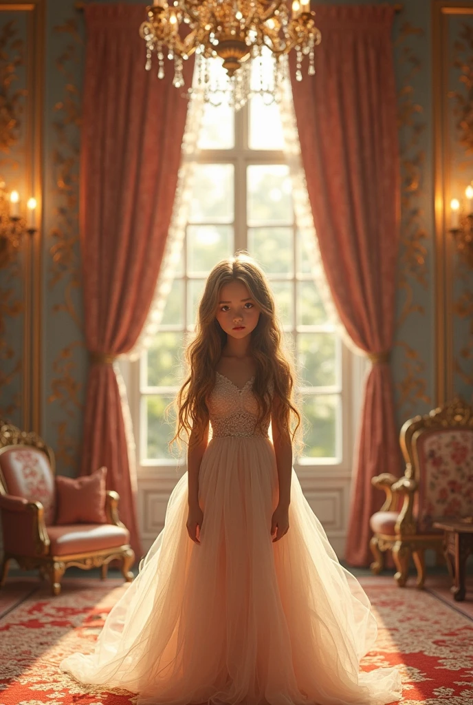 An 8-year-old girl with long brown hair and blue eyes, very pretty and sad, crying in an old vintage dress., in a palace