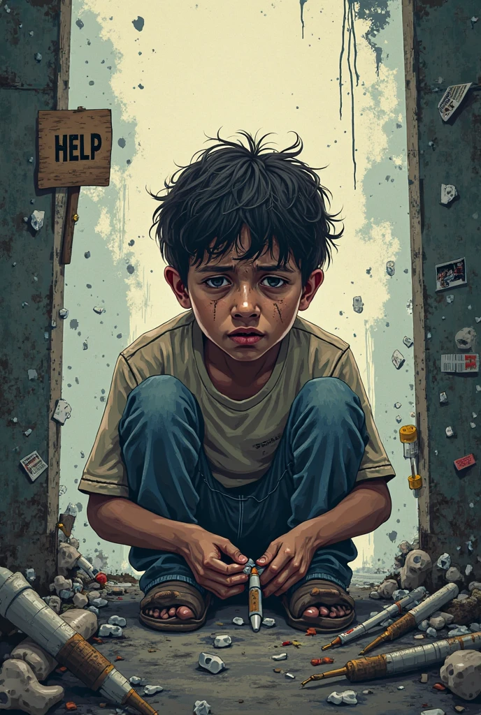 A sad little boy, sad eyes,  almost crying, (expression of fear), shy face, terrified expression, 10 years old, realistic, (he wearing a baggy pants), (city in ruins), sitting on top of a torn old armchair, face turned to the left side, short platinum hair messy,  detailed face, with freckles, masterpiece,