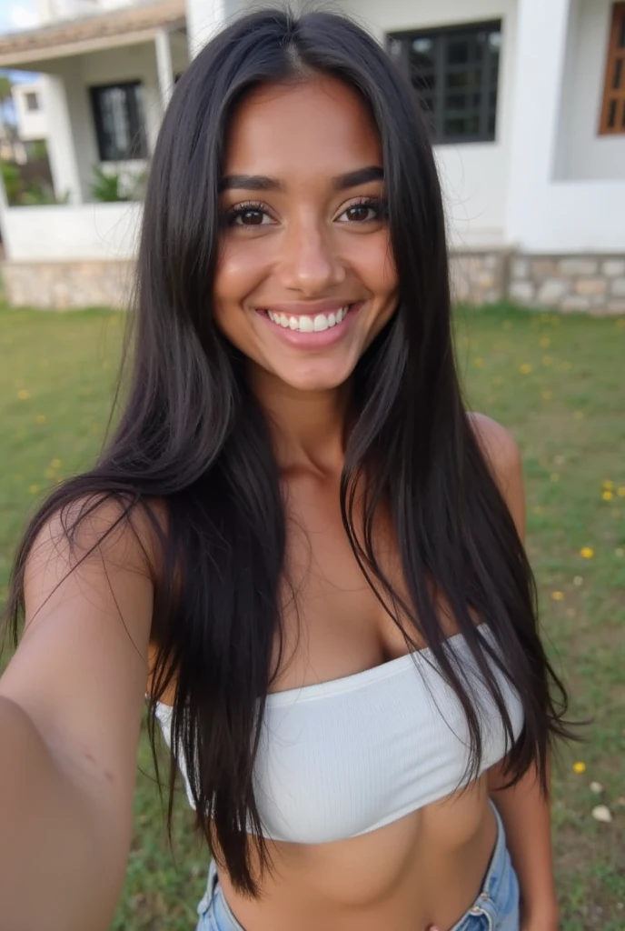 A 23-year-old blonde woman, ((pechos grandes)), ((hiperrealismo)) ,. black hair with light brown roots. cabello rubio, Hair with brown roots, cabello extra largo, cabello muy largo, really long hair, Beautiful, Front view, selfie, photo taken with iPhone, elegant black shirt with escote, escotada, selfie in the garden, high quality, selfie iPhone, cleavage, italian