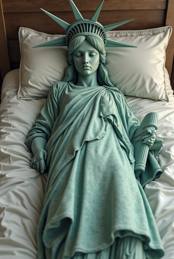 statue of liberty sitting on a bed with a wooden headboard, baroque vaporwave、Sexy Statue of Liberty cosplay、America、Extremely high detail