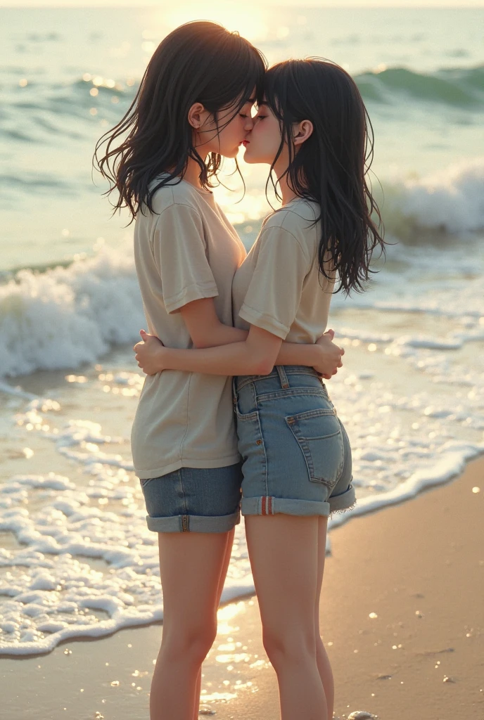 top-quality, masterpiece, Two beautiful women hugging and looking at each other, hi-school girl, high_school_uniform, White blouses, pleatedskirt, The womenl on the left has light brown medium bob hair, The women on the right has short blonde hair, ((plump big breasts)), Sit with open legs, Beautiful skins, Summer beaches, White sandy beach, blue open sky, white clouds, taken from the under, SIGMA:85mm