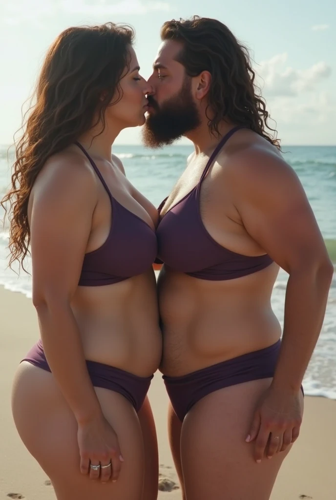 Cuckold chubby mature thic bbw white (56 fifty-six years old) hotwife, brown long hair, chubby belly,topless pink bikini, golden necklace, kissing with tall man, one man hugging fron behind,horny expression, romance in the lake,romantic,love,lust,full of people walking, illustrations, ultra-detailed, realistic, vivid colors, full body picture, warm tones, soft lighting,