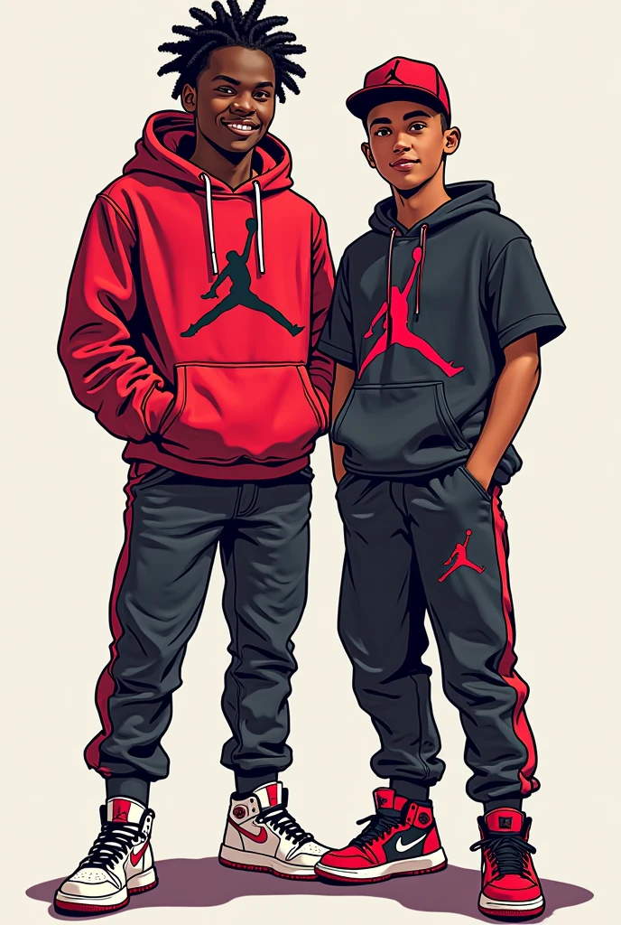 2 boys with short curly hair, one wearing a white Nike outfit and the other wearing a black Adidas outfit, a bad face, I live in graffiti with a drawing behind the boys, rapper-style drawing