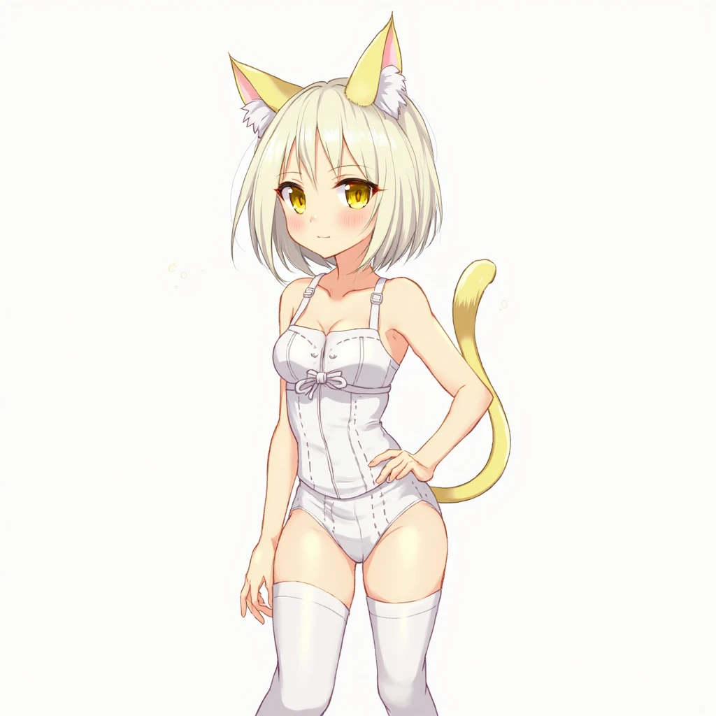 1girl, breasts, looking at viewer, blush, smile, short hair, bangs, blonde hair, simple background, hair ornament, thighhighs, white background, animal ears, cleavage, medium breasts, closed mouth, underwear, green eyes, standing, tail, full body, braid, boots, frills, cat ears, bra, high heels, cat tail, animal ear fluff, bare arms, clothing cutout, multiple views, thigh boots, cleavage cutout, white footwear, underwear only, light brown hair, knee boots, cat girl, short twintails, pom pom (clothes), high heel boots, white bra, paw pose, meme attire, frilled bra, cat cutout, cat lingerie, pom pom hair ornament