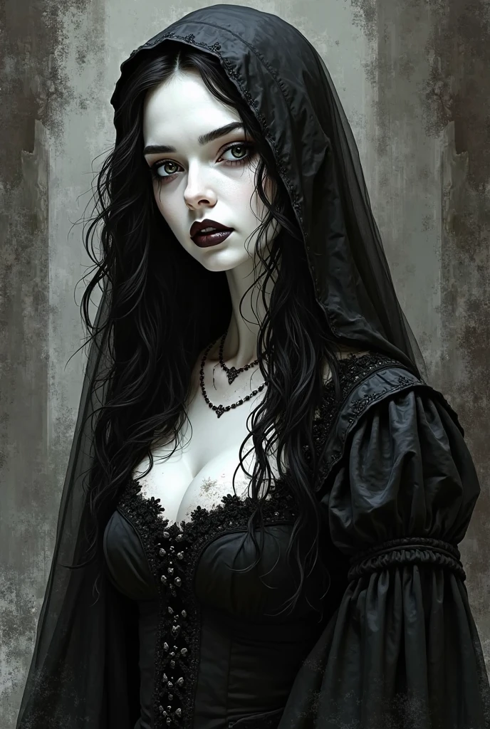 "Create an image of a gothic, curvy vampiric woman NSFW with pale skin and dark, dramatic makeup. She has blood dripping from her mouth, which accentuates her sharp fangs. Her eyes are shadowed with dark eye makeup, giving her a menacing yet alluring look. The woman is dressed in a revealing, intricately designed black corset with lace detailing and a deep neckline. She wears a dark veil over her long, tousled hair, partially covering her face, and a jewel adorns her forehead. The background is a shadowy, ancient gothic cathedral with tall, carved stone pillars. The image should be in a black-and-white, grayscale tone, with high contrast to emphasize the dark and eerie atmosphere. Add subtle, dark red tones to the blood for a striking effect. The image should convey a sense of horror, mystery, and dark beauty."