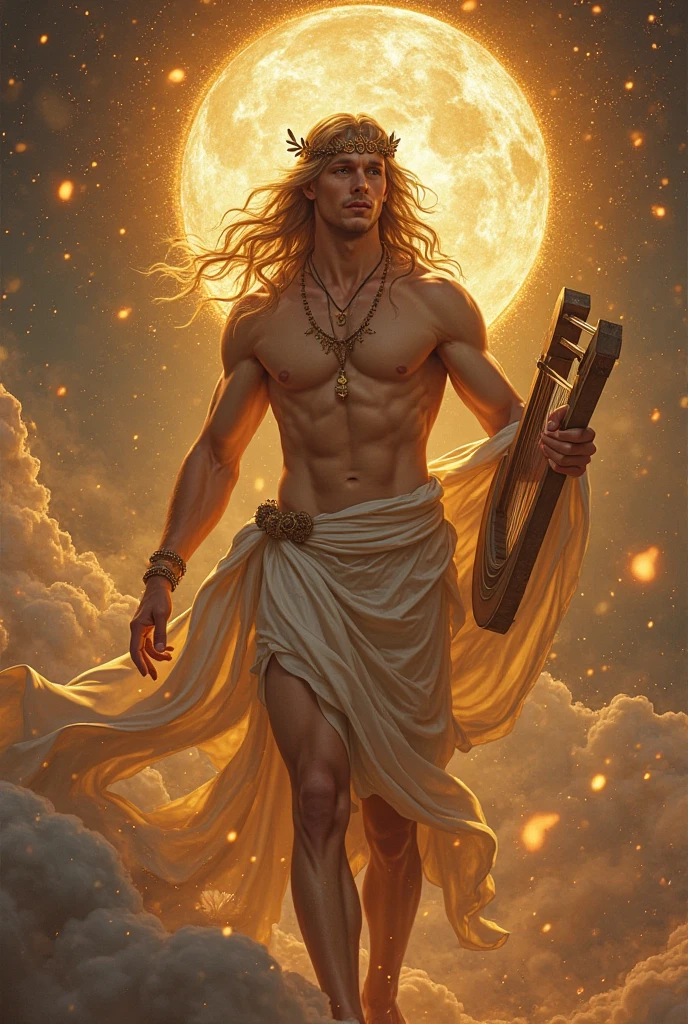Apollo is often described as a young man of radiant and idealized beauty. He is portrayed with an athletic and muscular body, symbolizing physical perfection and health. Your skin is generally clear and luminous. His hair is long, wavy or curly, often golden, reflecting his role as sun god. Apollo is also shown with a symmetrical and harmonious face, with expressive eyes that can convey both serenity and power. He is often depicted holding a lyre, bow and arrows, or driving a solar chariot, symbols of his various roles as god of music, prophecy, healing, and the Sun.