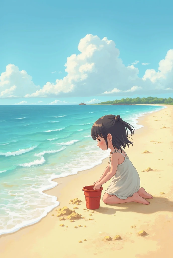 score_9_up, score_8_up, score_7_up, score_6_up, source_アニメ，2d, flat、Black Hair、Pigtails、White dress、Brown Skin、Sandy Beach、Sand castles、rating_safe