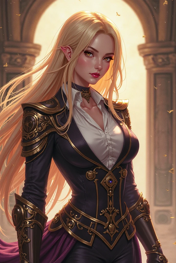 Female elf, Golden blonde hair, long hair with accessories, gold eyes, in an ancient city of golden sand, fantasy character