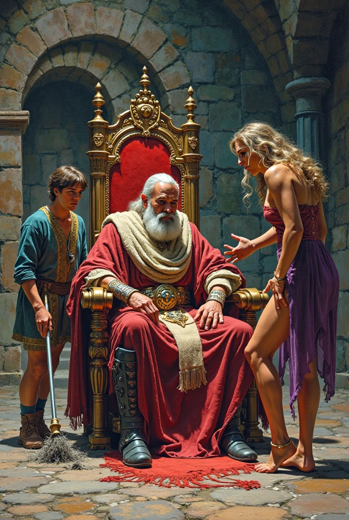 One old man King giant race and one princess human race, anime, age gap, age difference, old man 70, long beard white, crown, face hypnotized, hairy body, naked, big long penis erect, cum, hands and arms tied high ceiling handcuffs chains, he carries his daughter strongly with bondage, hypnotic forced to rape, ass fuck positions, sexy princess 18, size tiny and skinny, little pregnant, hairstyle blond, face embarrassing blushed, in comfort sitting position for sex, one old man, one young girl chains handcuffs bondage, naked, nsfw, on prison castle.