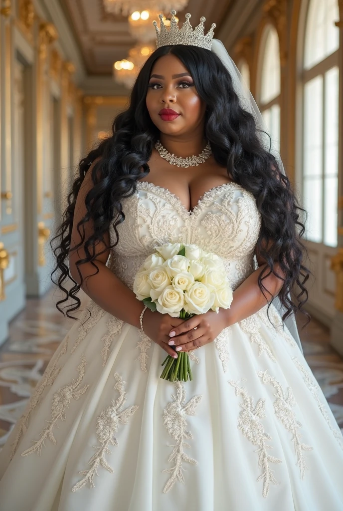 (photorealism:1.2), A realistic beautiful black plus size woman, wearing a wedding dress with iced out chain with the words COCO on it, with long curly pink hair
