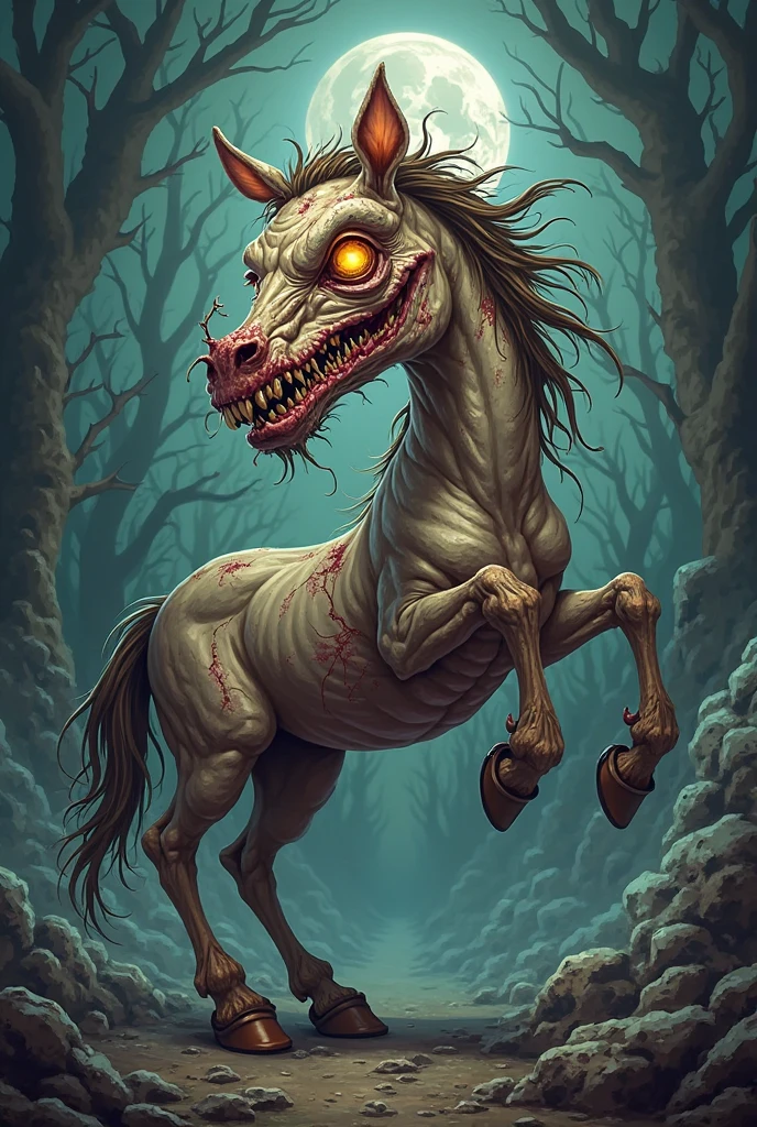 DREAD, <lora:WorldofUndead:1>, worldofundead, rotting, rotten flesh, Skeletal,, blood, gore, Massive Otherworldly Symbiotic Sublime Equine, Tripedal Hexamanual, Six-Fingered Hands, Forked-Tailed, Crystalized Skin, Floppy Ears, , dusk, volumetric lighting, , Horror, <lora:more_details:1>