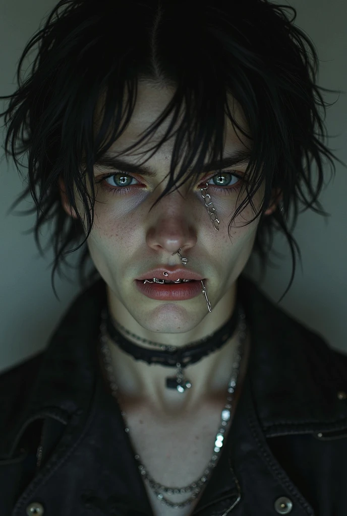 male, pale skin, dark green emo hair, dark green eyes, braces, tattoos, button nose