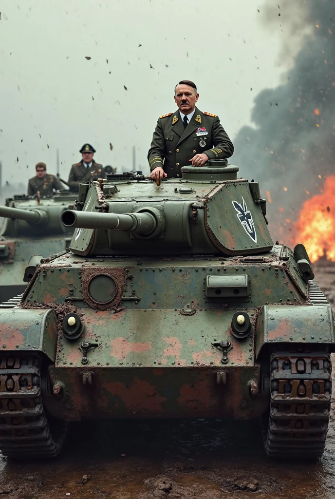 A young colonel in the black uniform of the German Wehrmacht leans out of a heavy tank bearing the German Iron Cross and gives the Nazi salute, with a French tank burning behind it.
