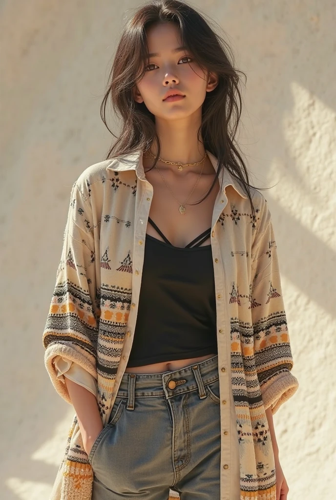 Light-skinned girl, light brown, wavy hair, wearing a hat for the cold, a low-cut blouse, baggy denim pants, with a backpack, on the street of a neighborhood.