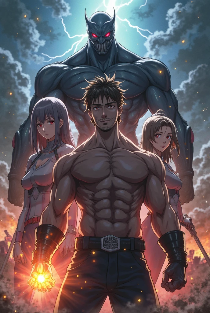 (best quality, highres, ultra-detailed), (realistic:1.37), A man with oversized gauntlets, metal armor, muscular build, intense gaze, vibrant colors, dramatic lighting, fantasy setting, epic battle scene, sparks flying, dynamic pose, detailed textures, ancient ruins, crumbling walls, mystical runes, powerful aura, dust and smoke, warrior's determination, hero's journey, incredible strength, worn-out gloves, weathered gauntlets, surreal atmosphere, intense action, fierce warrior, mythical creatures, magical artifacts, ancient prophecies, glowing energy, captivating composition